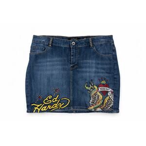 Ed Hardy Vintage Y2K Denim Mini Skirt Sz 16 *Broken zipper*